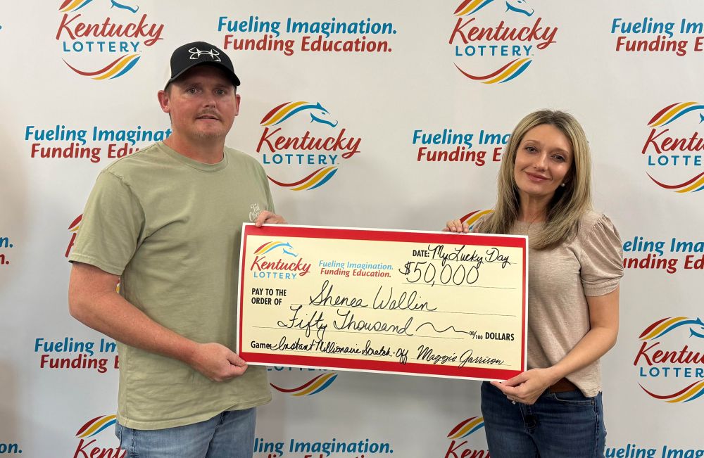 Image depicts the amount won on a specific lottery game. Winners may be in the image holding a large check made out to the amount they won. Clicking this image will open a new tab with that shows the story behind the win.