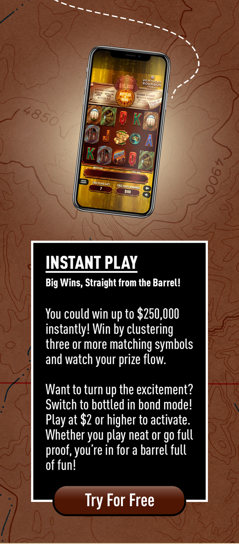 You could win up to $250,000 instantly! Win by clustering three or more matching symbols and watch your prize flow.